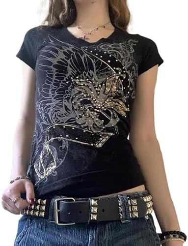 Y2k Shirts for Women Teens Girls 2000s Vintage Short Sleeve Shirt